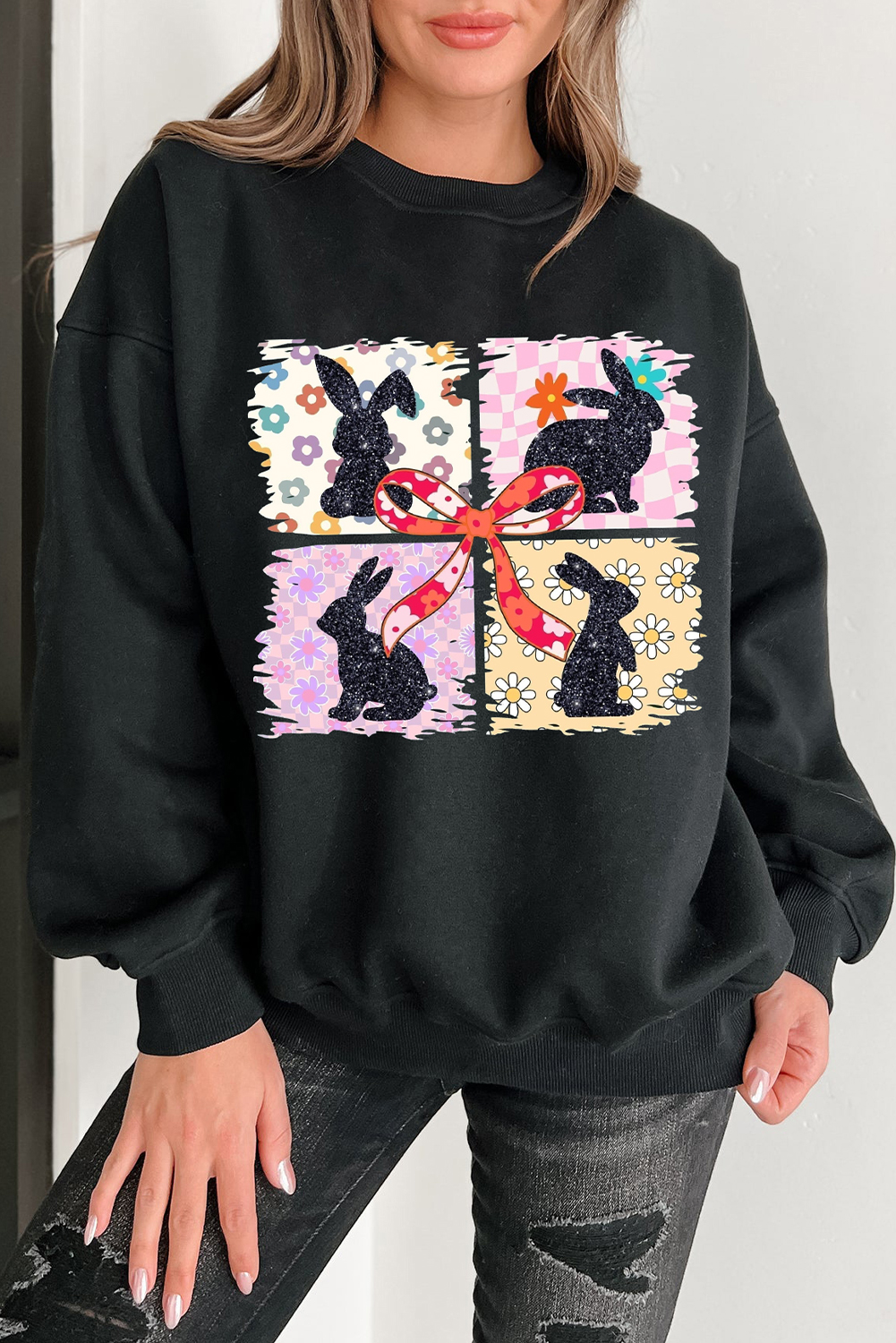 Black Floral Bunny Plaid Bow Graphic Easter Fashion Sweatshirt - loveforevers