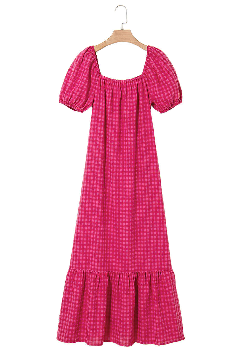 Rose Ginham Check Bubble Sleeve Ruffled Maxi Dress - loveforevers