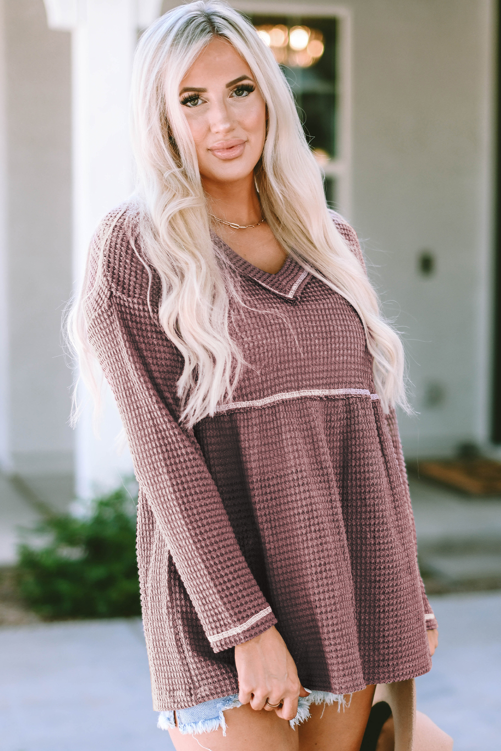 Pink Waffle Knit V Neck Long Sleeve Babydoll Top - loveforevers