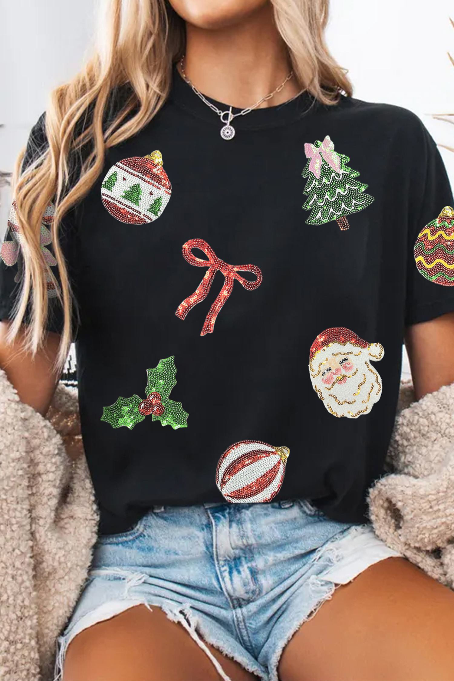 Black Multi Christmas Element Sequin Patched Graphic Tee - loveforevers