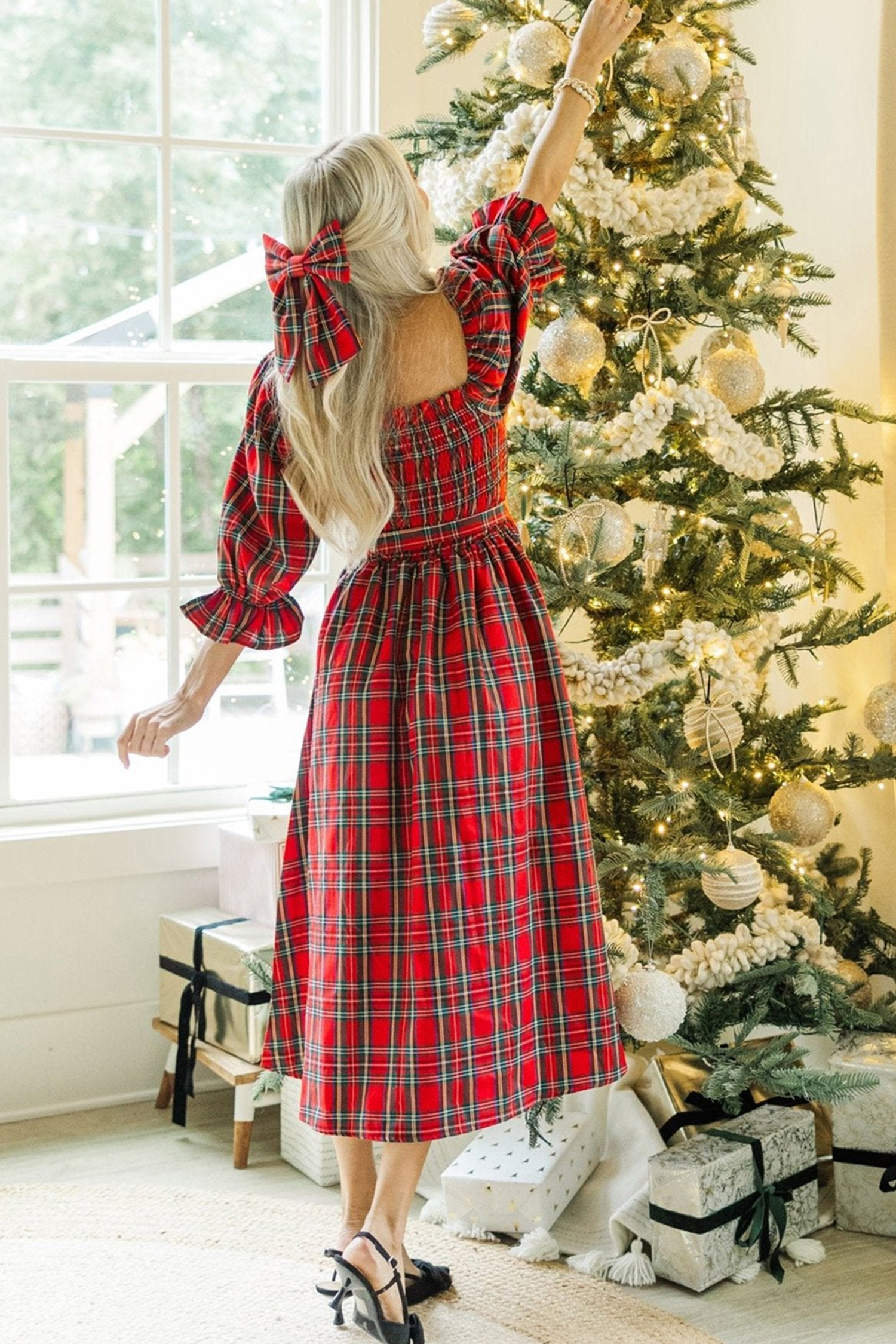 Red Tartan Plaid Square Neck Puff Sleeve Knot Waist Flared Midi Dress - loveforevers
