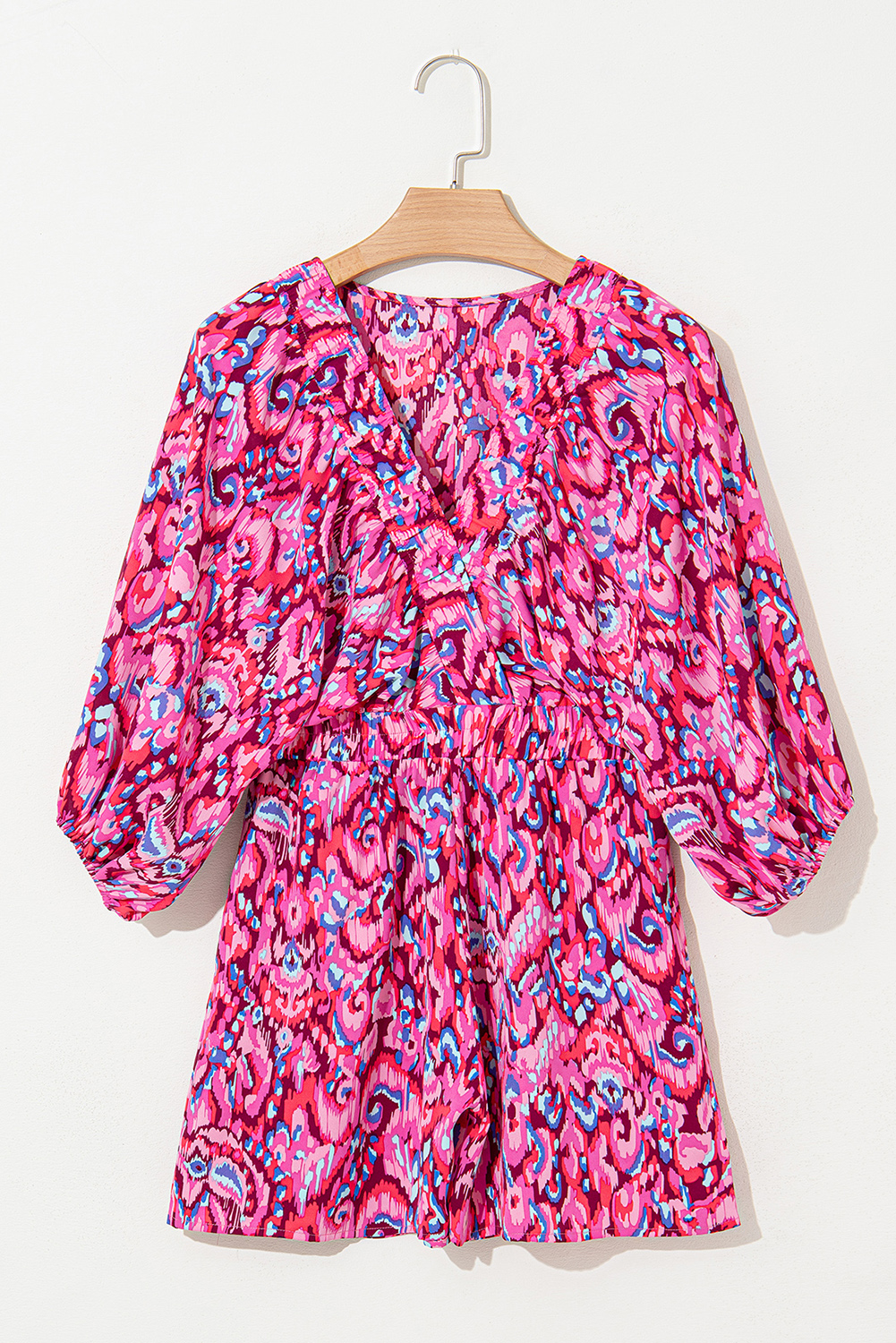 Pink Abstract Print Puff Sleeve V Neck High Waist Romper - loveforevers