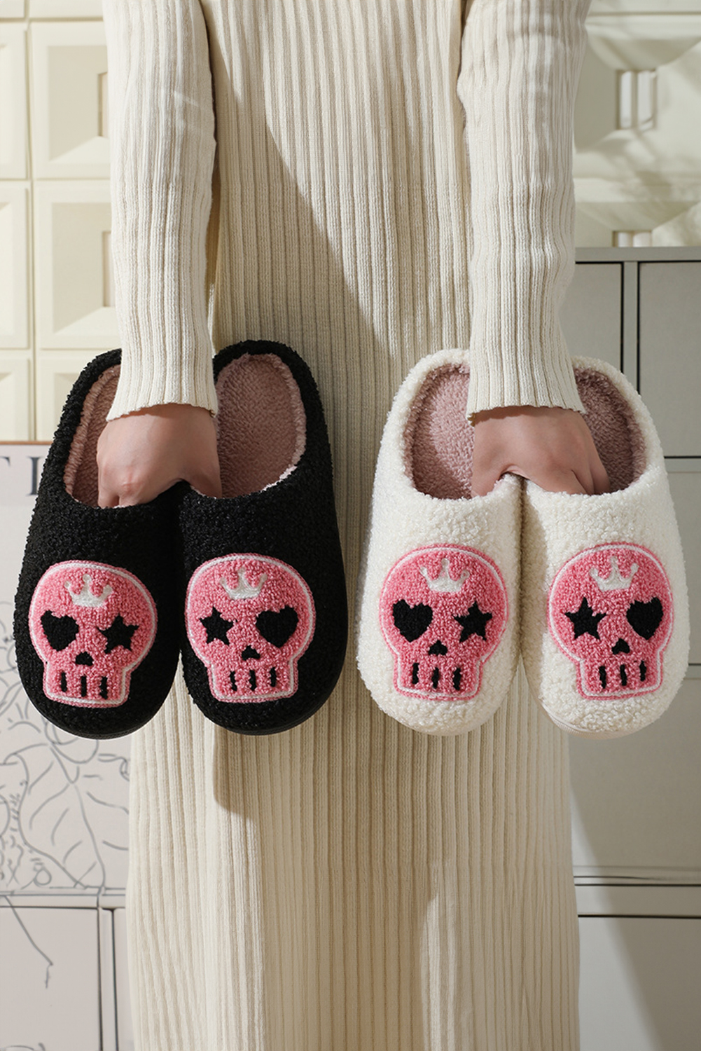 Black Halloween Skull Printed Plush Winter Home Slippers - loveforevers