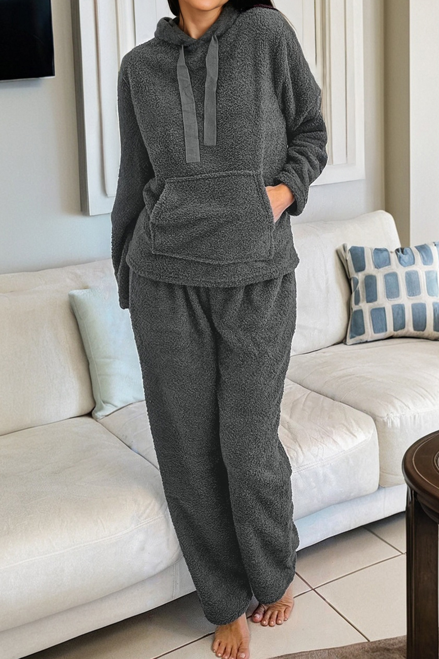 Medium Grey Fuzzy Drawstring Hoodie Lounge Pants 2pcs Set - loveforevers