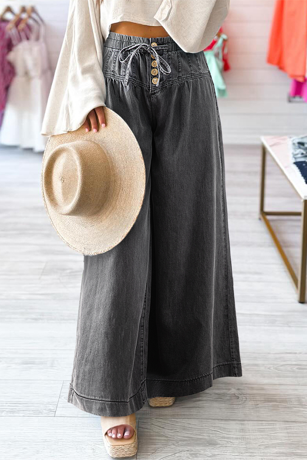 Carbon Grey Mineral Wash Button Fly Waist Wide Leg Jeans - loveforevers