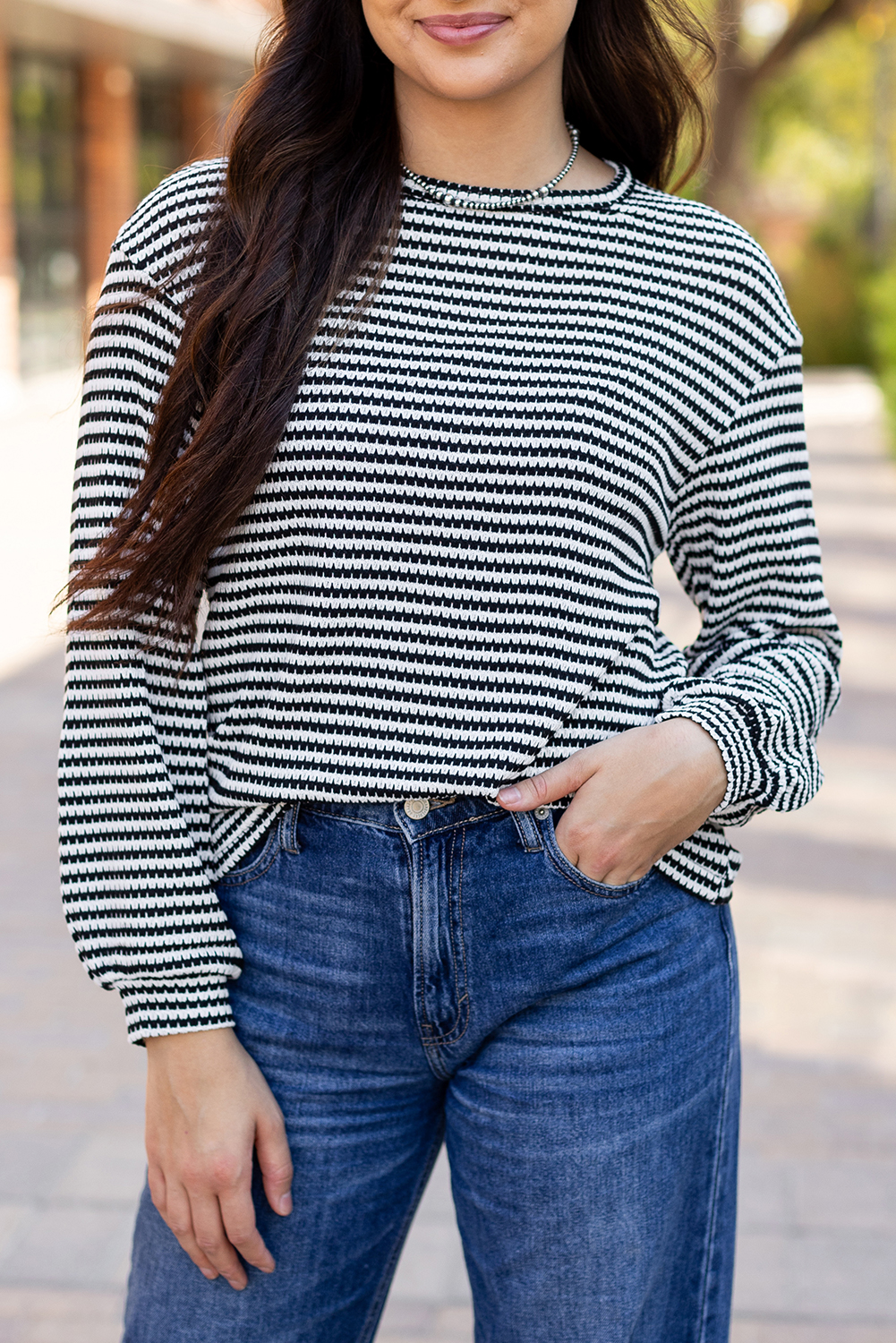 Black Stripe Round Neck Drop Shoulder Long Sleeve Top - loveforevers