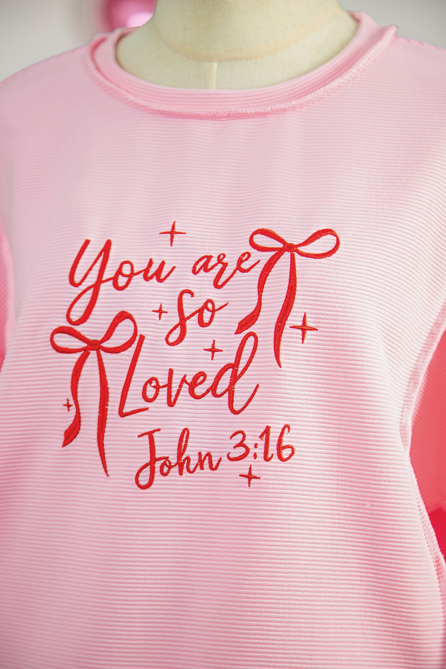 Pink you are so loved Valentines Day Bow Embroidered Graphic Pullover Top - loveforevers