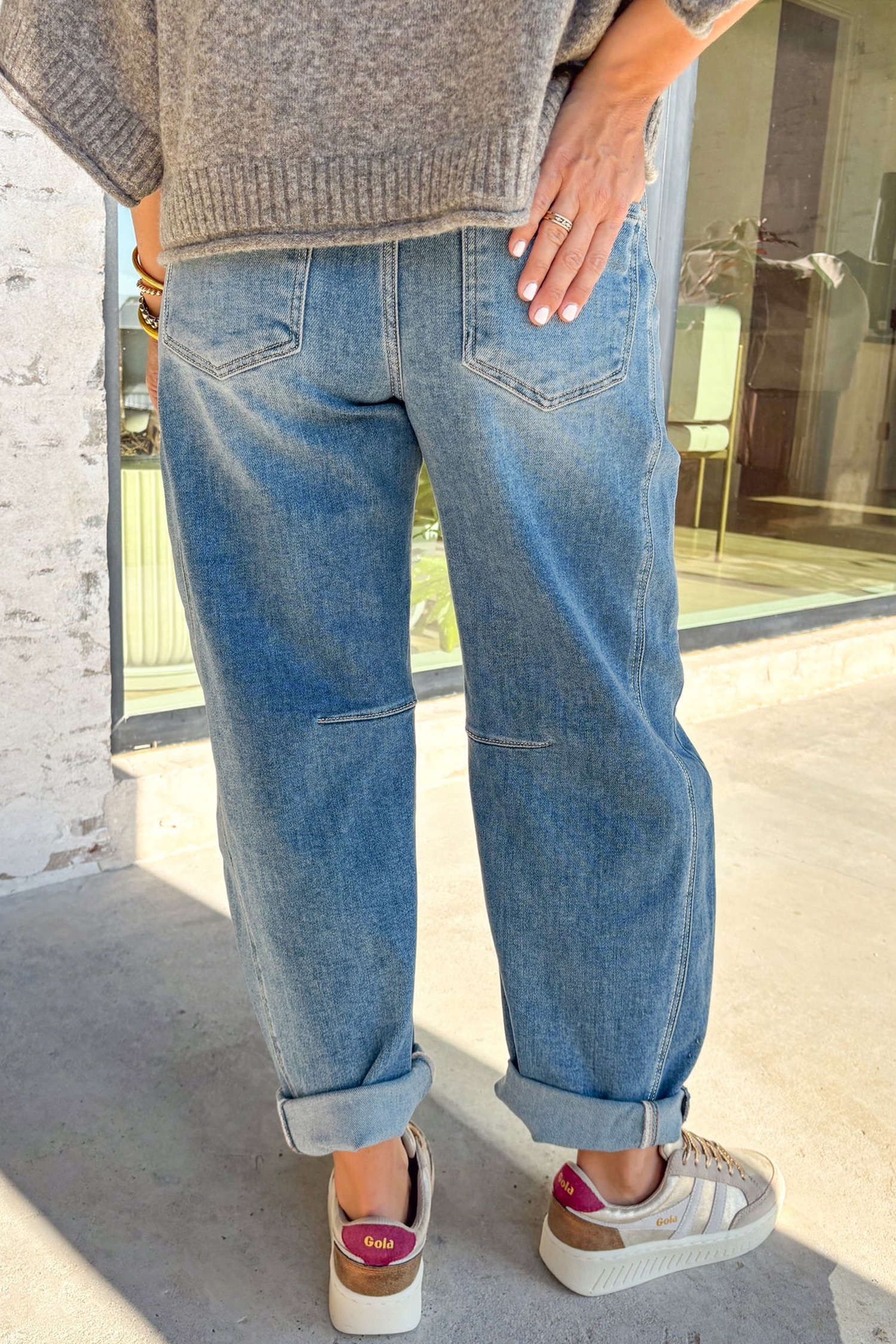 Sky Blue Medium Wash Cuffed Barrel Jeans - loveforevers