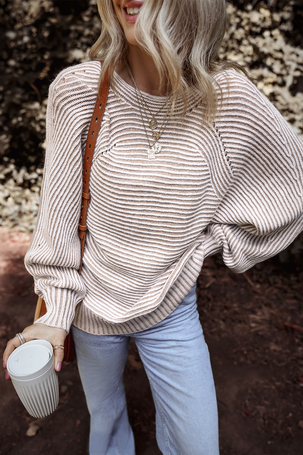 Coffee Striped Print Ribbed Knit Boat Neck Baggy Sweater - loveforevers