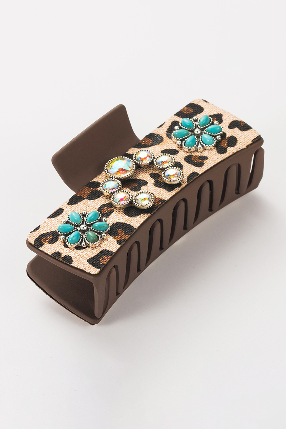 Parchment Western Leopard Print Gem Turquoise Detail Jaw Hair Clip - loveforevers
