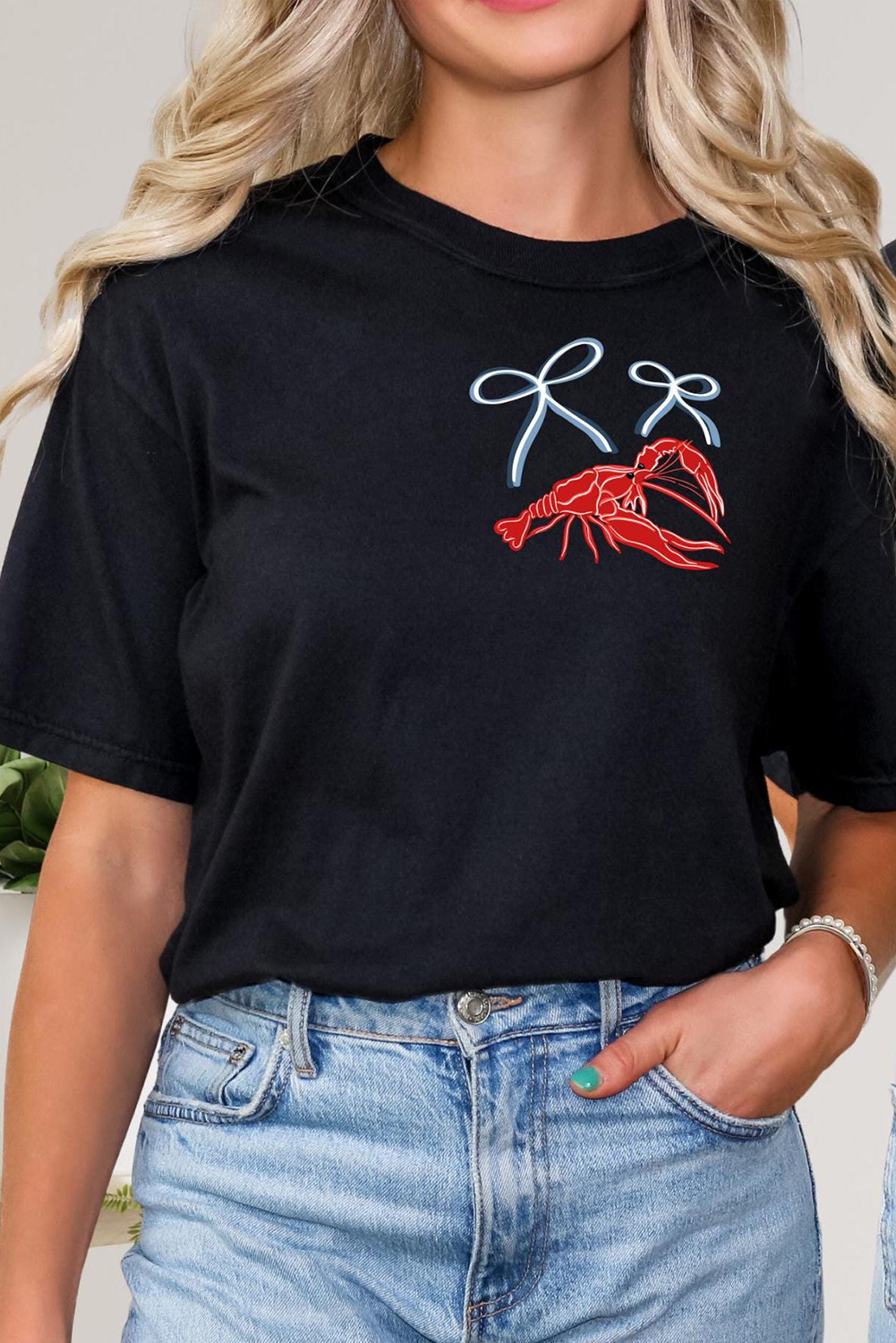 Black Girlie Bow Crawfish Printed T Shirt - loveforevers