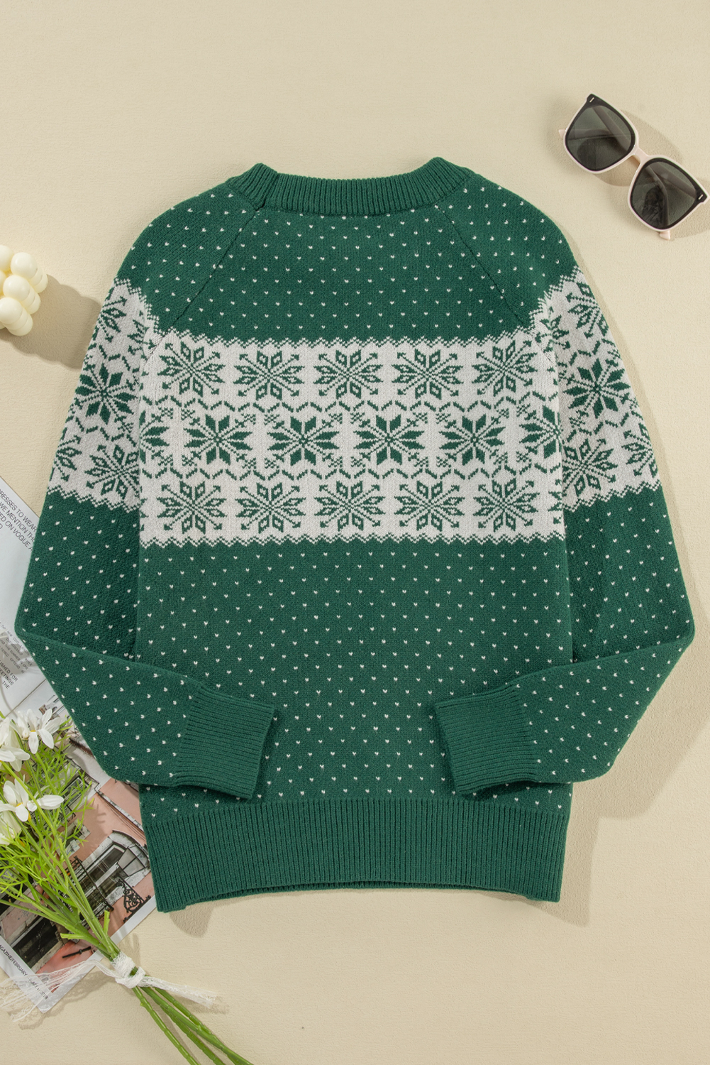 Green Christmas Snowflake Dotted Print Round Neck Sweater - loveforevers