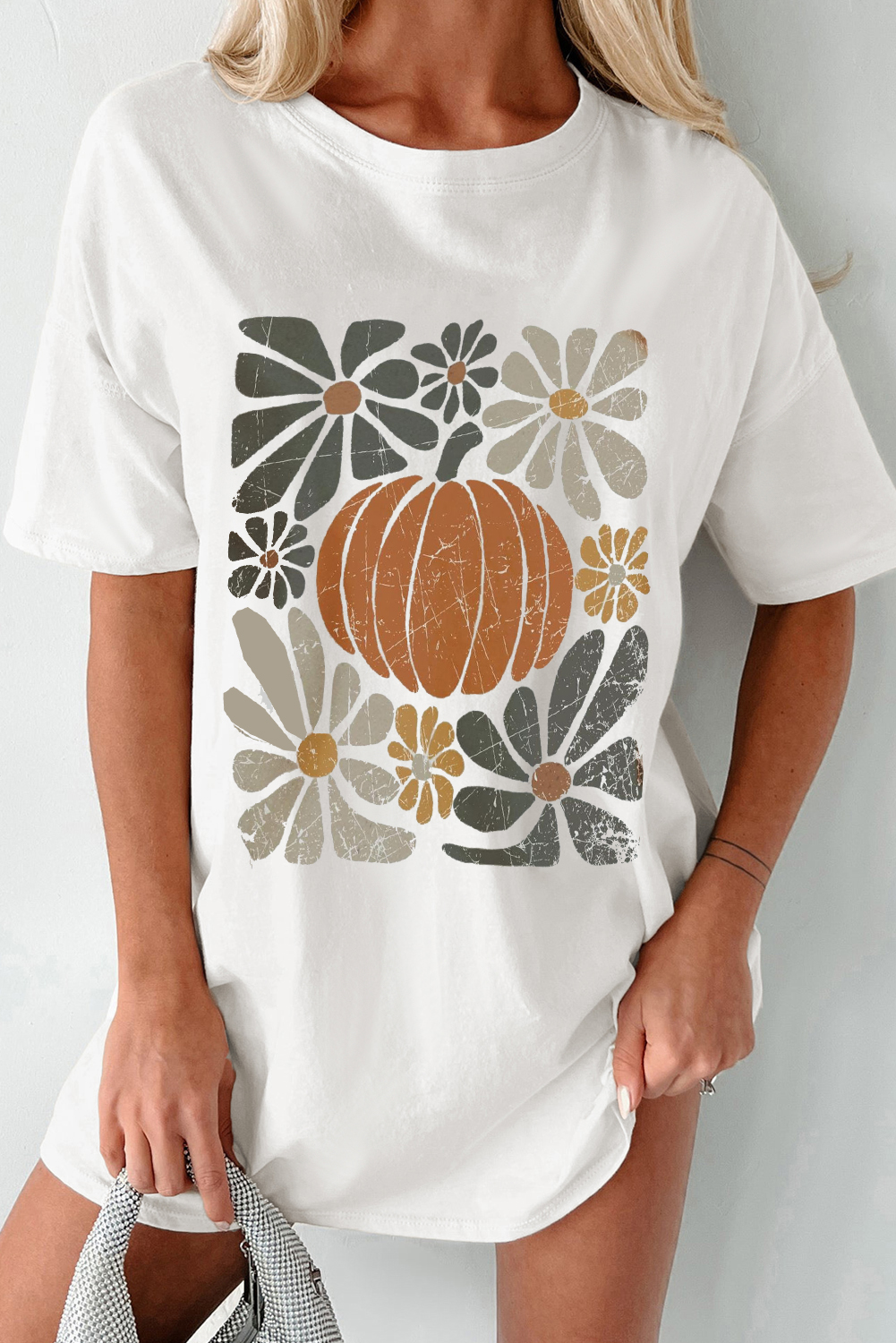 White Thanksgiving Pumpkin Print Loose Crewneck Tunic T Shirt - loveforevers