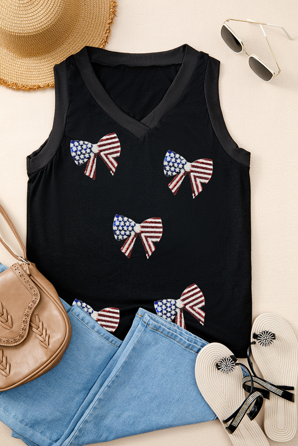 Black Flag Inspired Sequin Bow Patched V Neck Tank Top - loveforevers