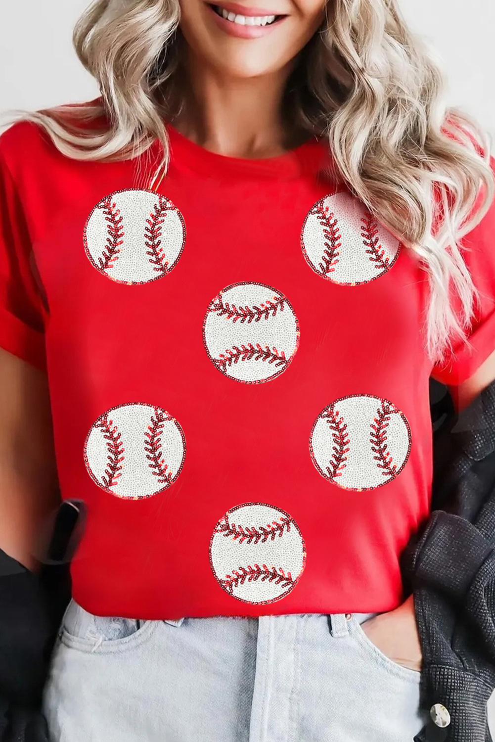 Red Glittering Rugby Pattern Crew Neck Game Day T Shirt - loveforevers