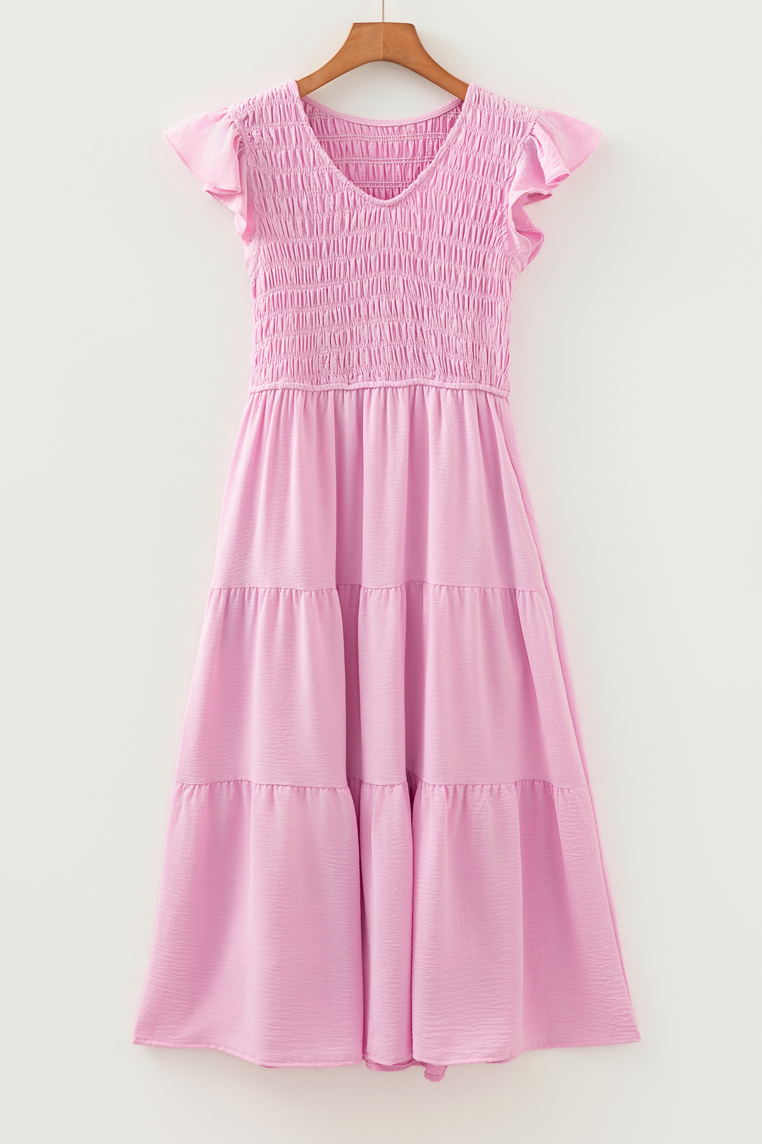 Pink Smocked Bodice Flutter Sleeve Fit Flare Tiered Midi Dress - loveforevers