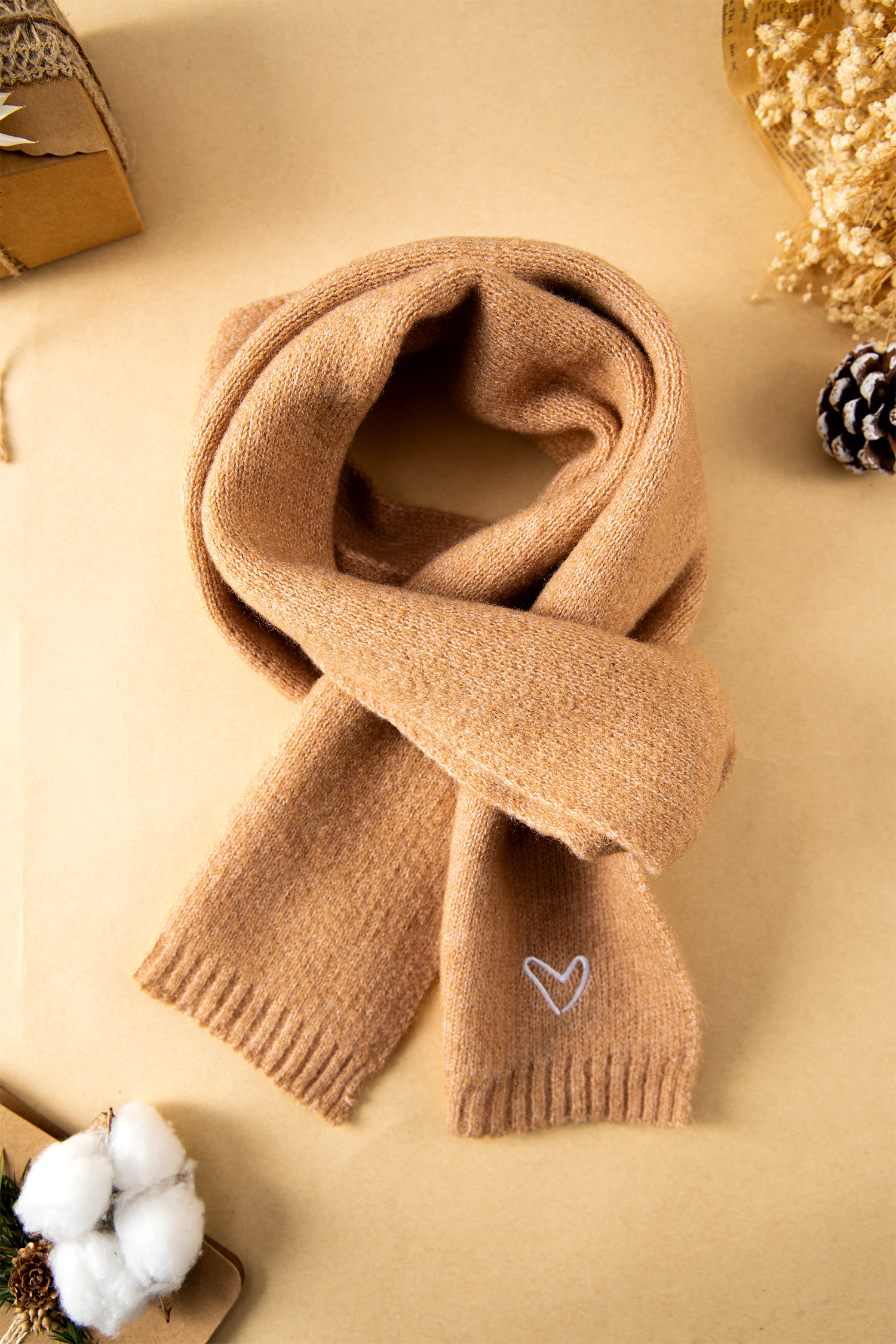 Thai Curry Tiny Heart Embroidered Detail Ribbed Trim Warm Knit Scarf - loveforevers