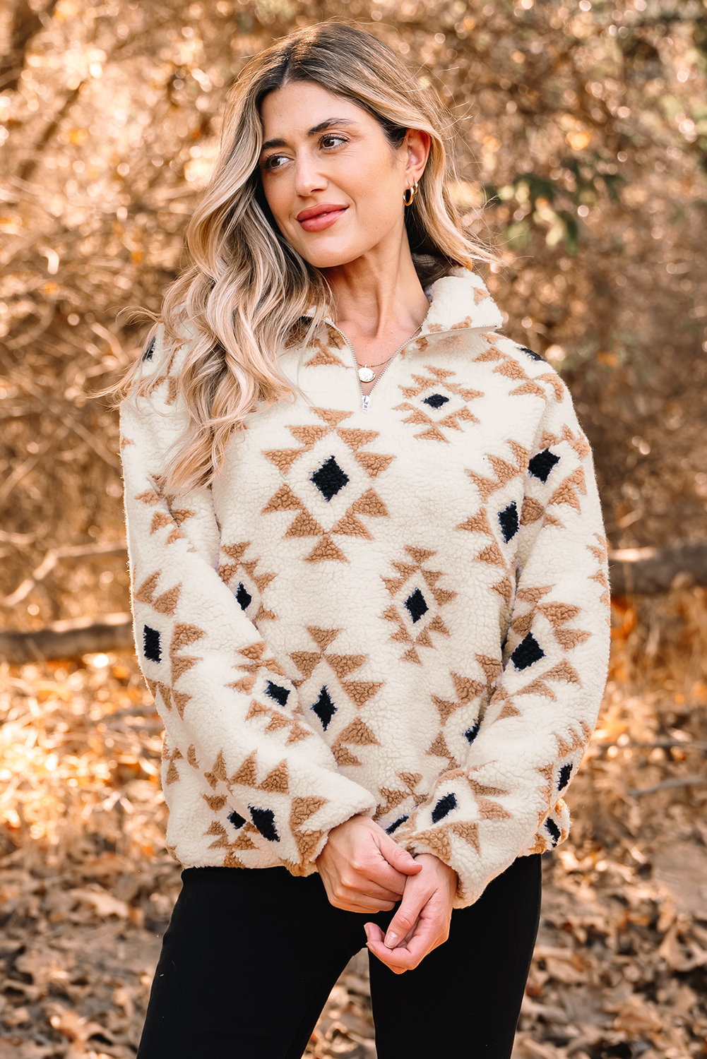 Khaki Aztec Print Sherpa Quarter Zip Collar Sweatshirt - loveforevers