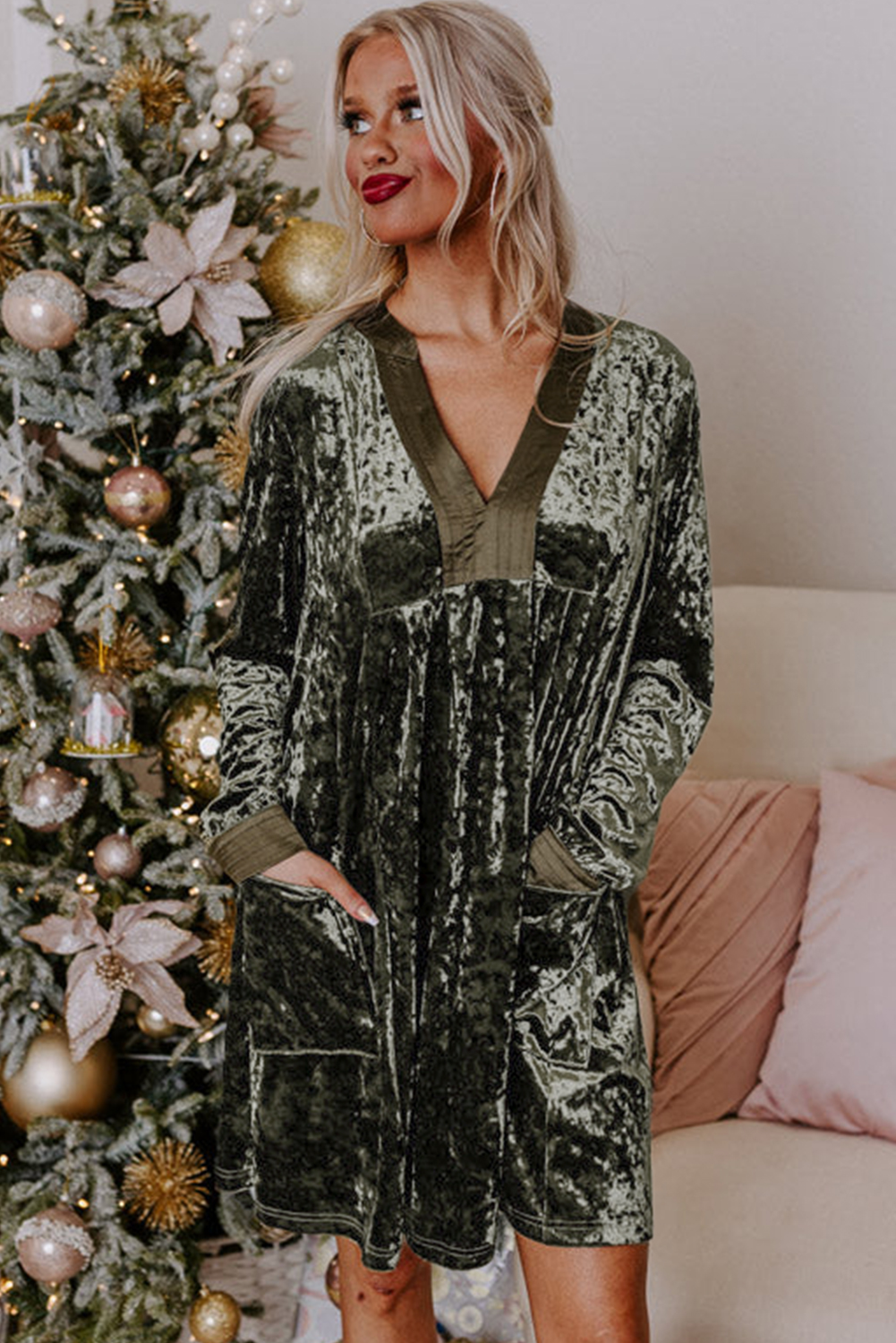 Jungle Green Velvet Long Sleeve V Neck Loose Dress with Pockets - loveforevers