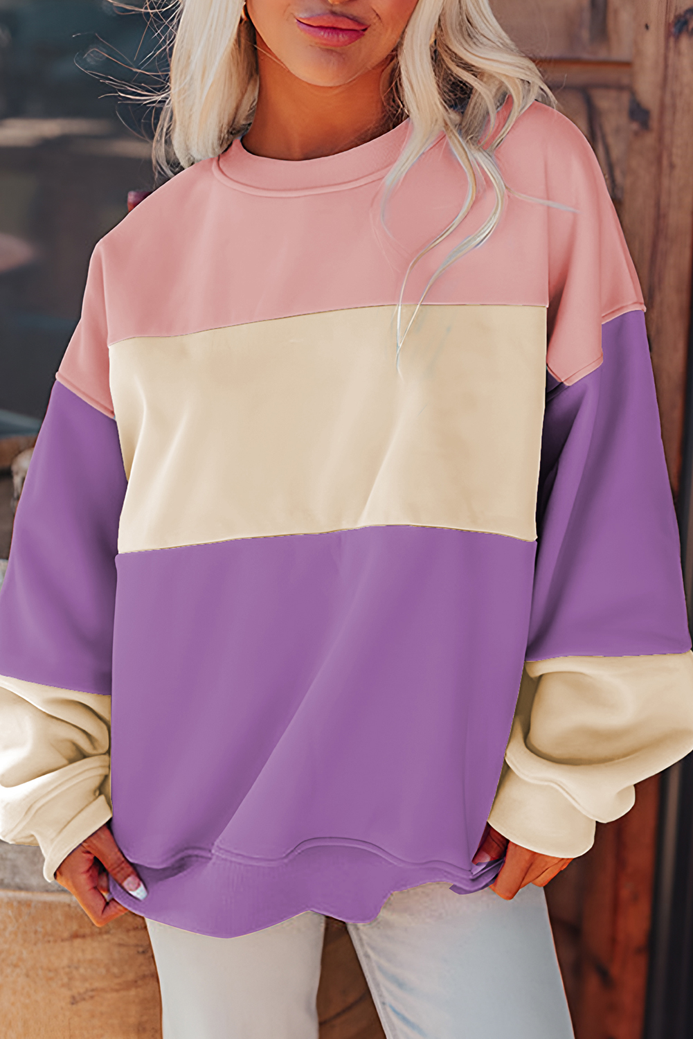 Meadow Mauve Colorblock Patchwork Drop Shoulder Sweatshirt - loveforevers