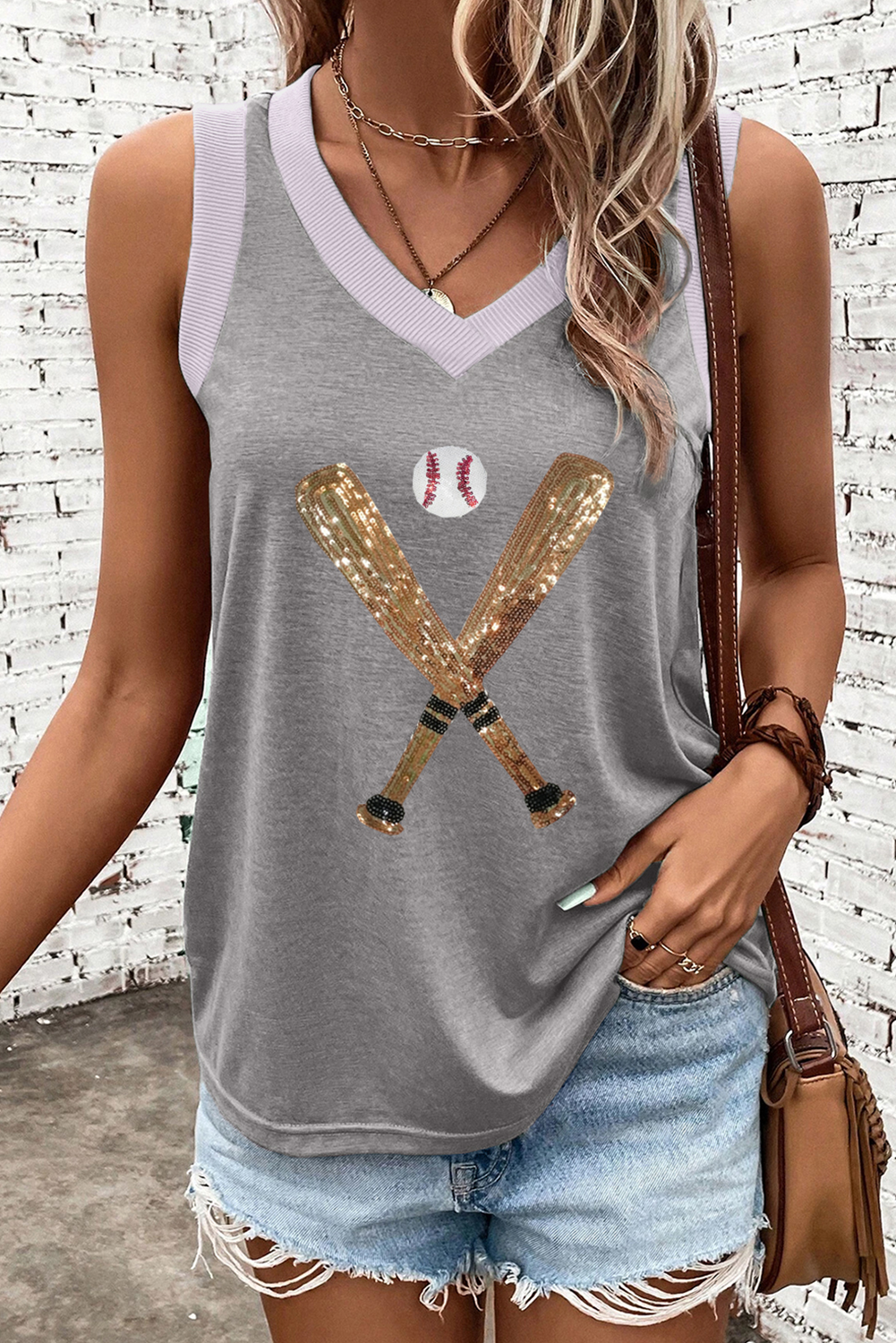 Gray Sequined Baseball Bat Graphic Ribbed Trim Casual Tank Top - loveforevers