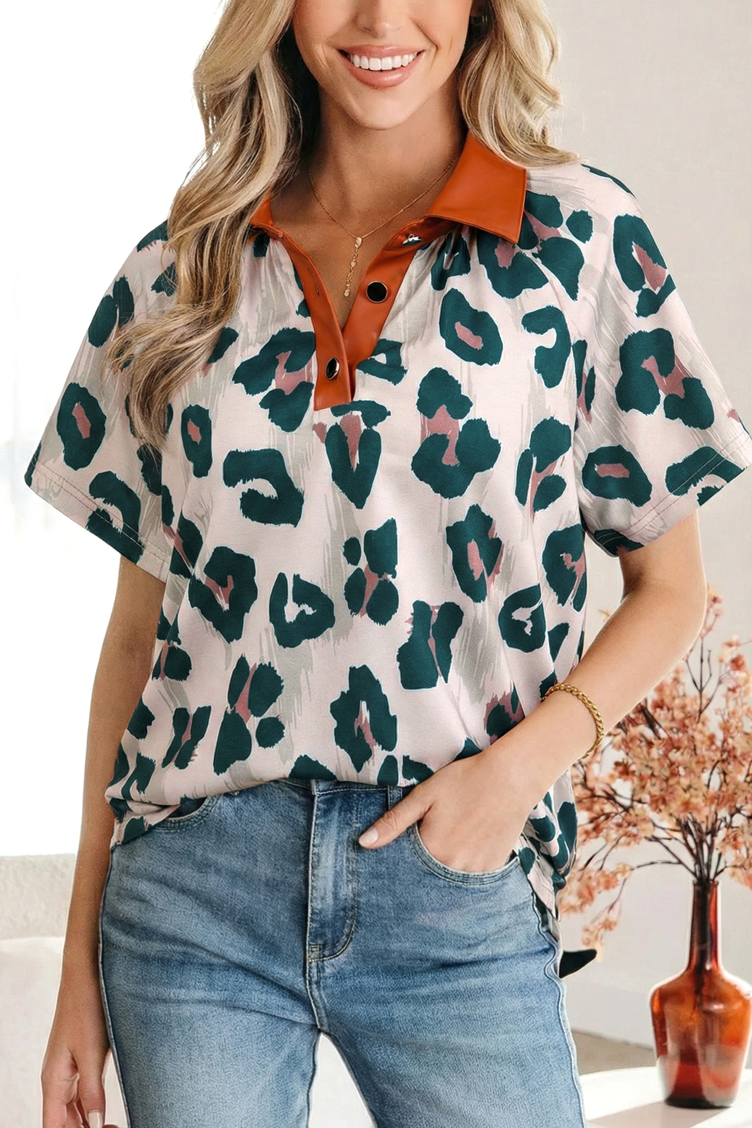 Casual Unique Leopard Print Button Contrast Collared Short Sleeve Blouse - loveforevers