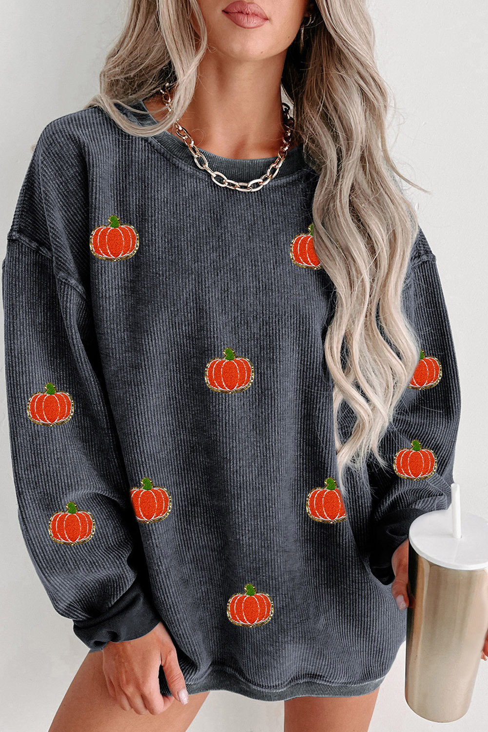Gray Halloween Pumpkin Graphic Drop Shoulder Ribbed Sweatshirt - loveforevers