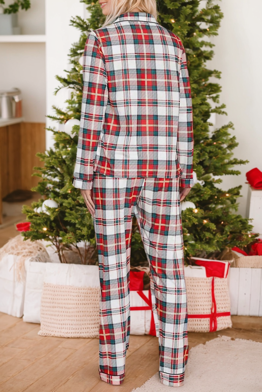 Red Christmas Plaid Print Two Piece Long Sleeve Pajamas Set - loveforevers