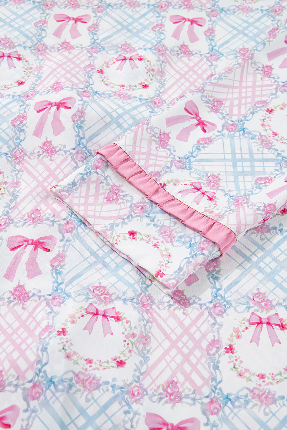 Pink Bow Wreath Pattern Christmas Holiday Tied Front Long Sleeve 2pcs Pajama Set - loveforevers