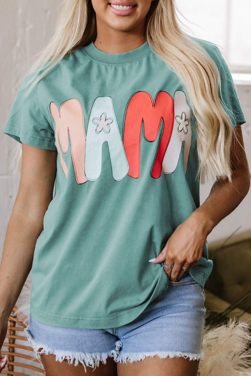Sea Green MAMA Printed Mineral Wash Crewneck T Shirt - loveforevers
