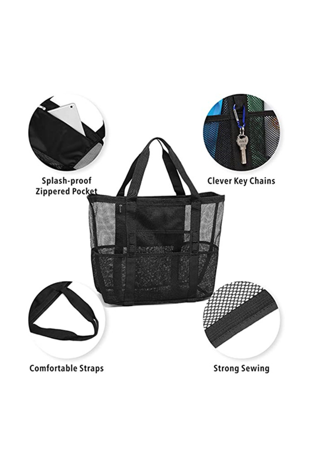 Black Multi-pocket Large Mesh Tote Bag - loveforevers