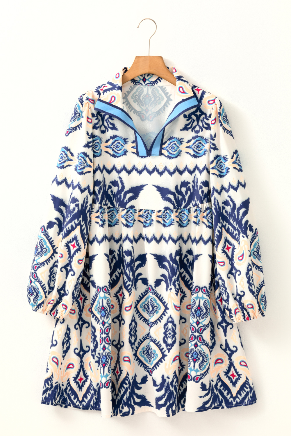 Blue Ethnic Print Striped Split Neck Long Sleeve Flowy Mini Dress - loveforevers