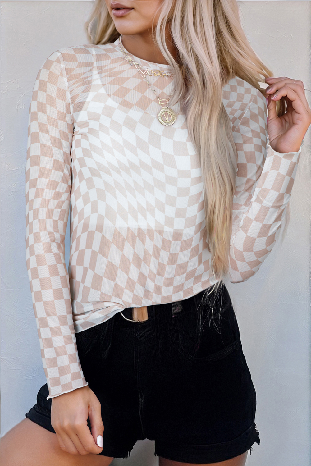 Khaki Checkered Pattern Mesh Mock Neck Long Sleeve Top - loveforevers