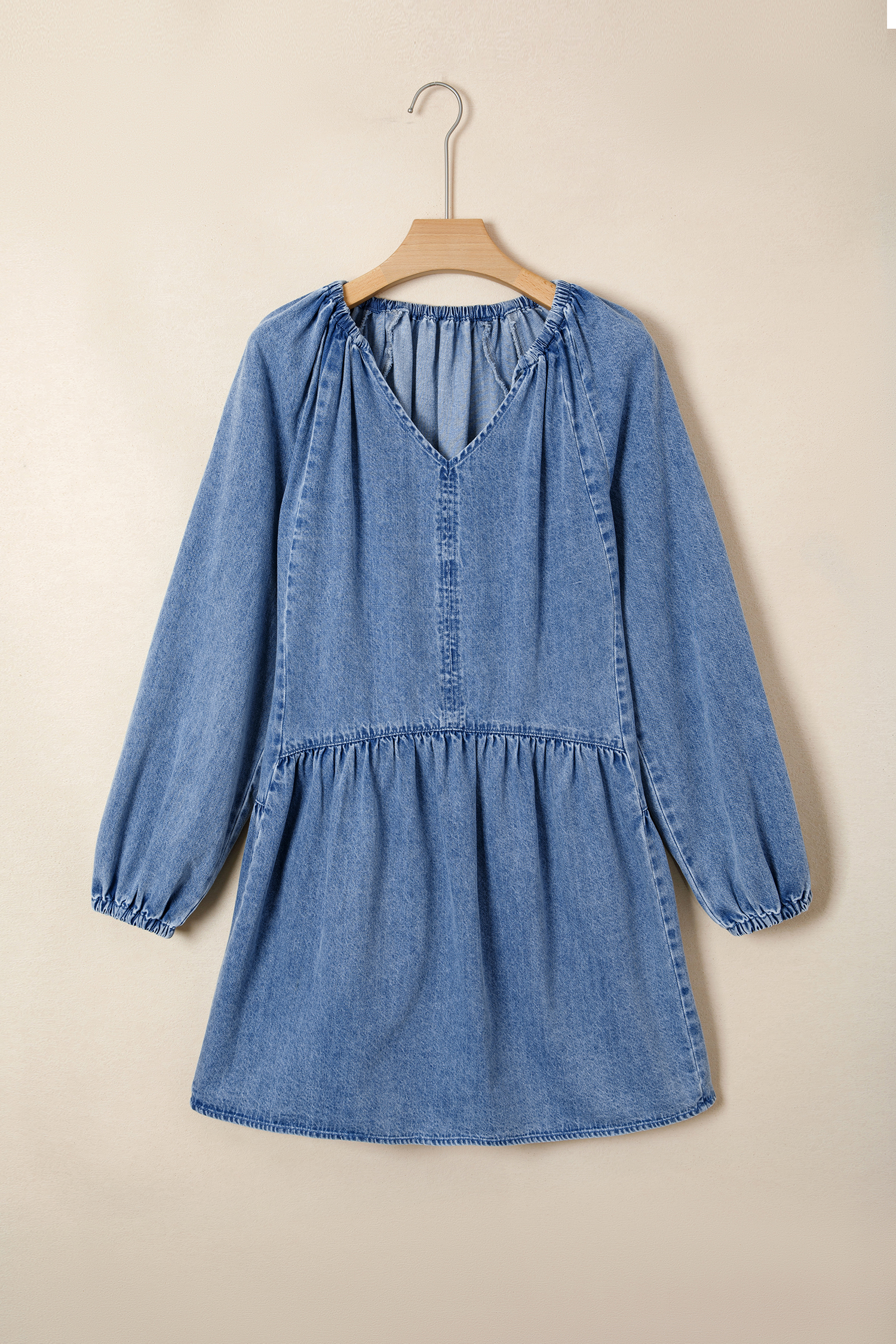 Myosotis Puff Sleeve V Neck Ruffled Loose Denim Mini Dress - loveforevers