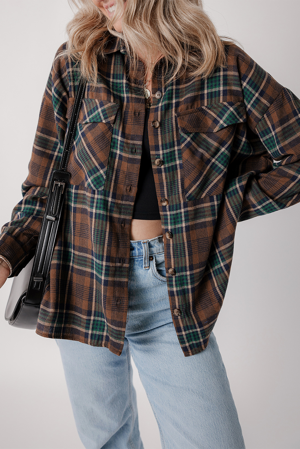 Brown Plaid Print Chest Pockets Buttoned Shirt Jacket - loveforevers