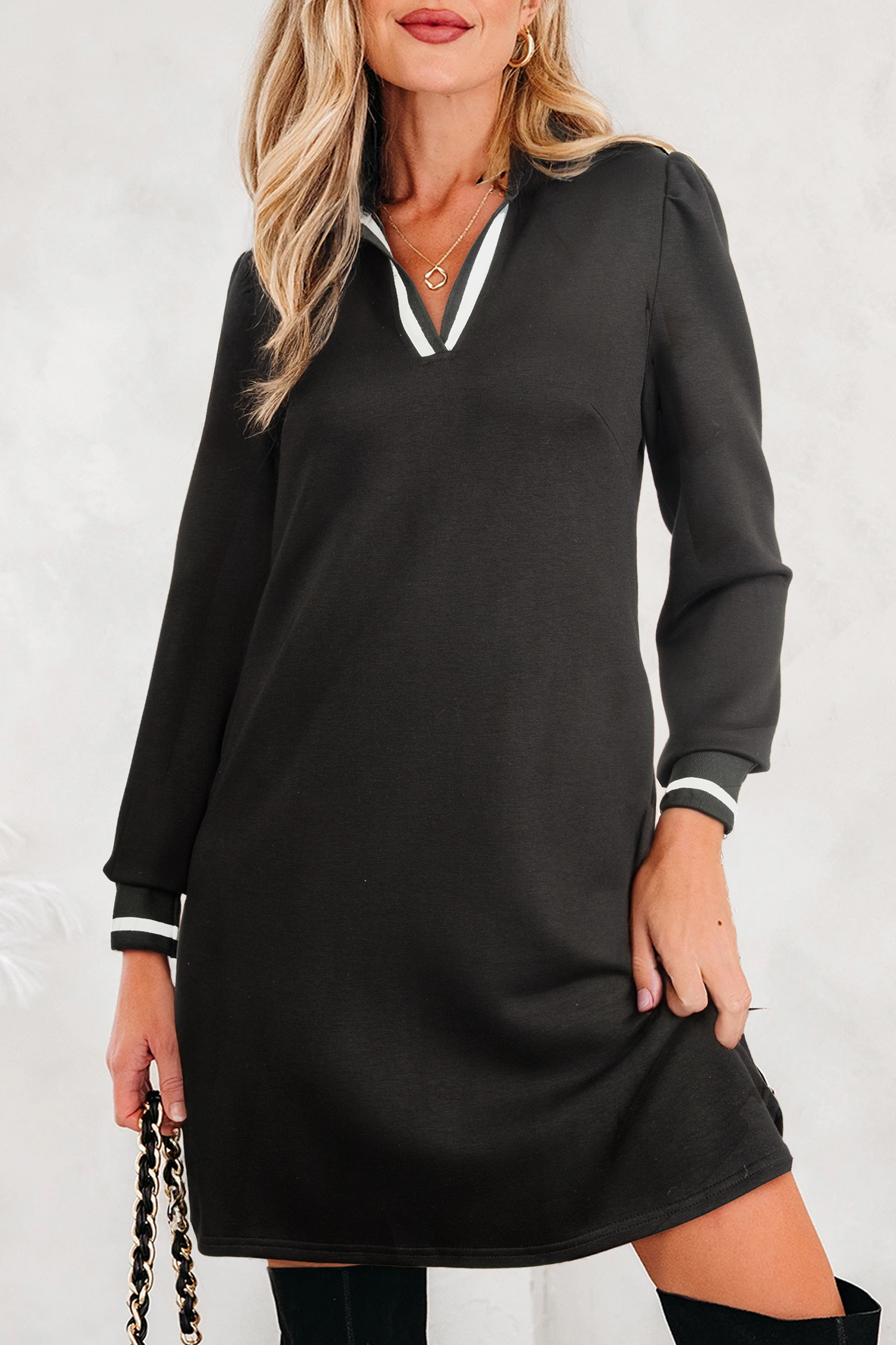 Black Striped Trim V Neck Collared Long Sleeve Shift Mini Dress - loveforevers
