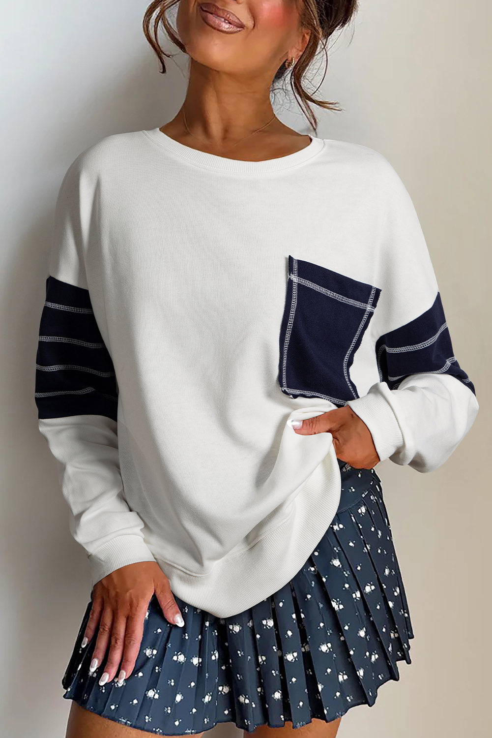 White Exposed Seam Detail Color Block Patch Pocket Drop Shoulder Sweatshirt - loveforevers