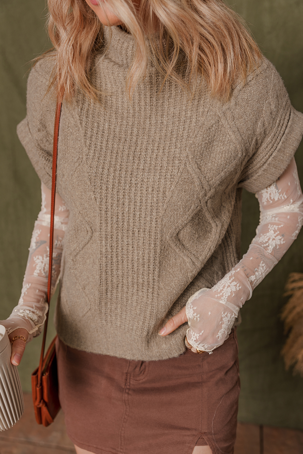Smoke Gray Textured Knit High Neck Sweater T Shirt - loveforevers
