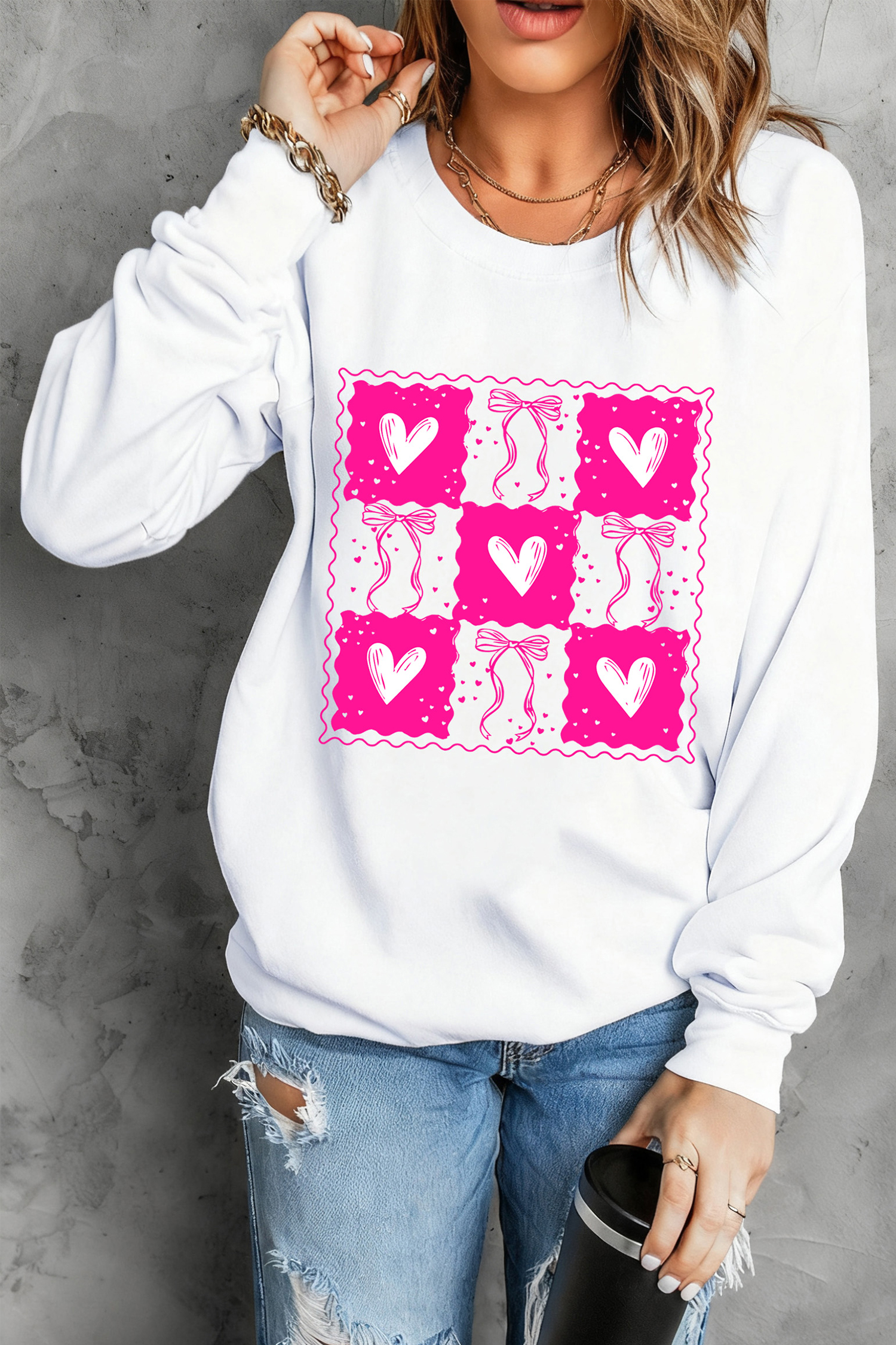 White Valentines Bow Heart Checkered Print Pullover Sweatshirt - loveforevers