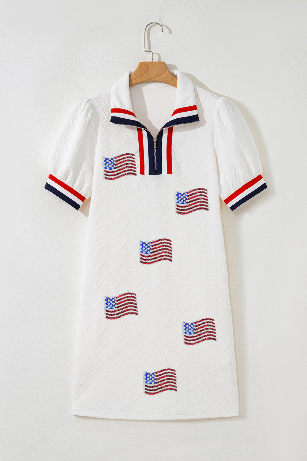 White Textured Contrast Striped Detail Sequin Flag Patched Zip Collar T Shirt Dress - loveforevers