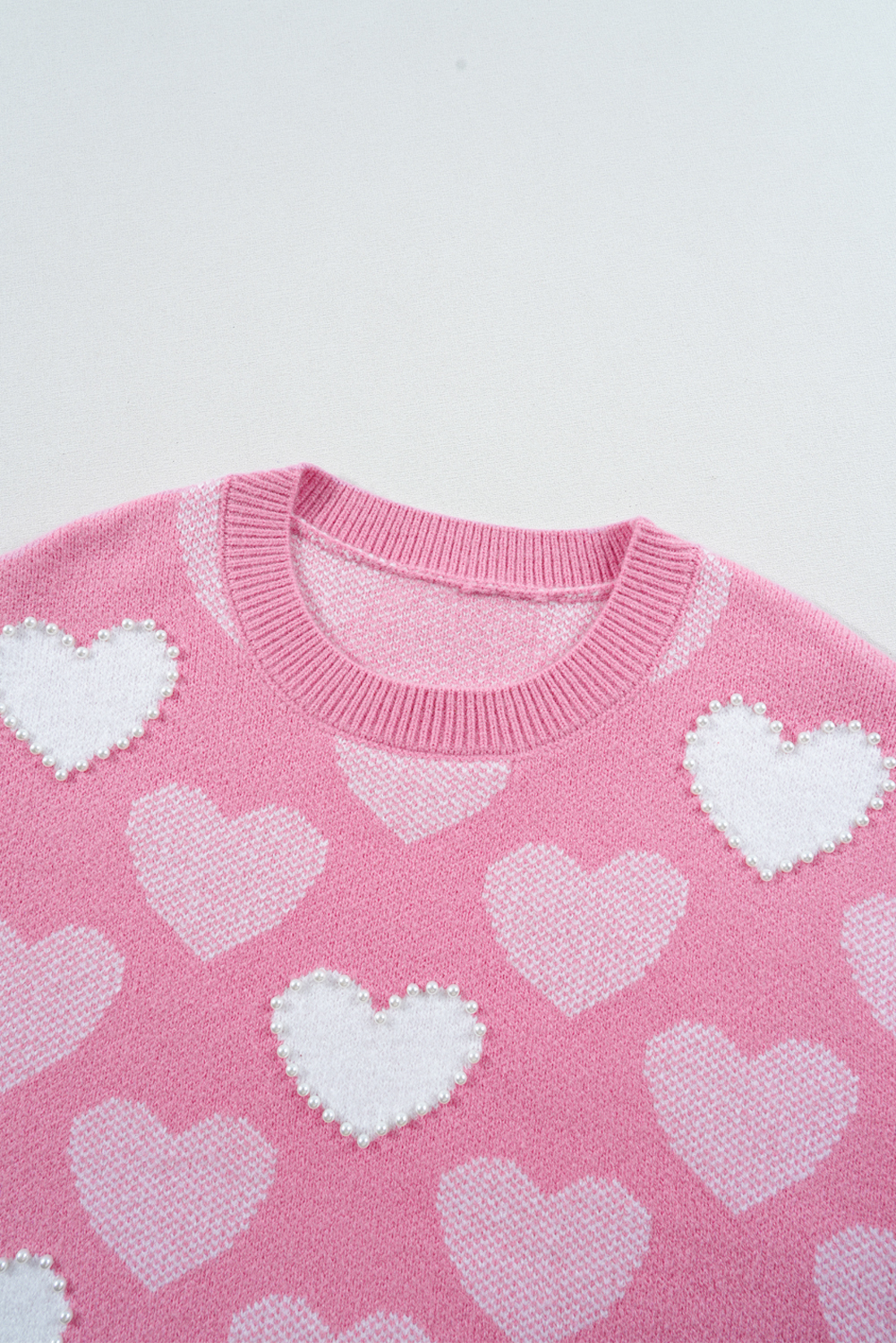 Pink Pearled Heart Print Valentines Crew Neck Sweater - loveforevers