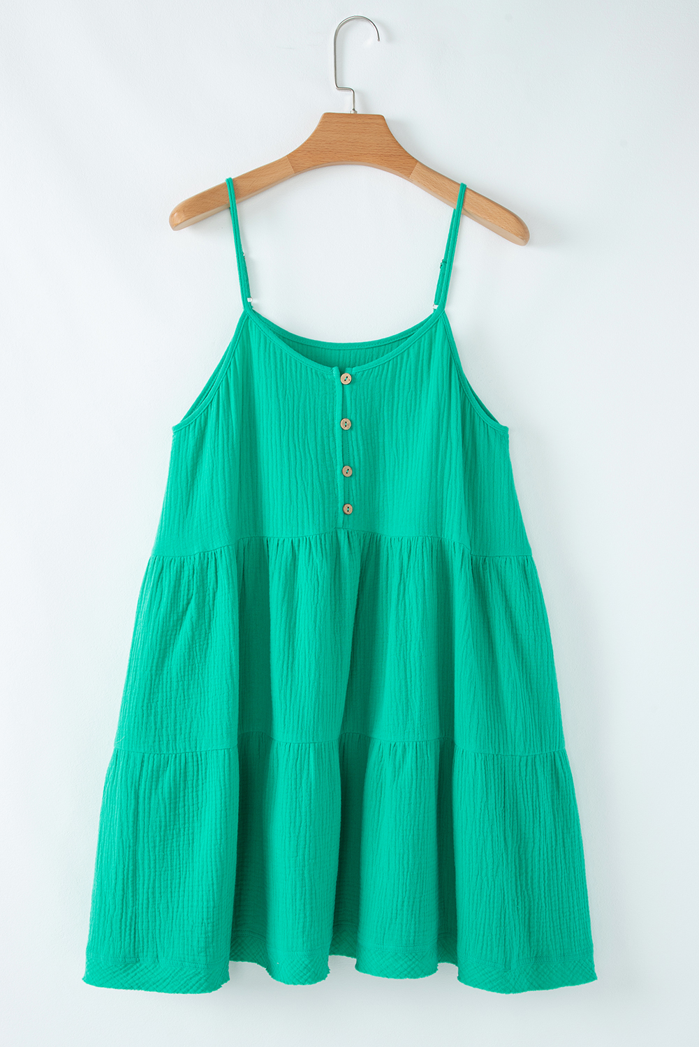 Sea Green Textured Buttoned Thin Strap Tiered Loose Fit Mini Dress - loveforevers