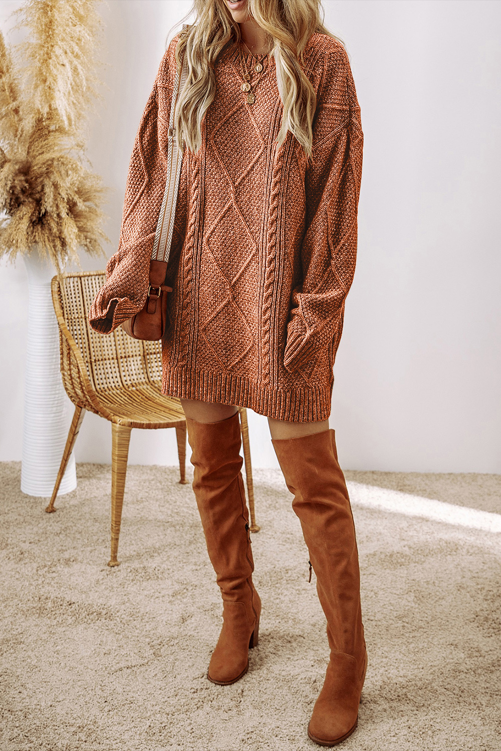 Parchment Cable Knit Drop Shoulder Loose Fit Sweater Dress - loveforevers