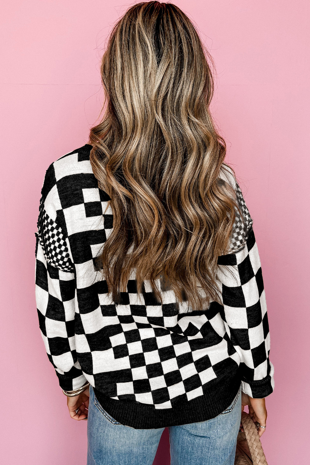 Khaki Checkered Print Drop Shoulder Round Neck Sweater - loveforevers
