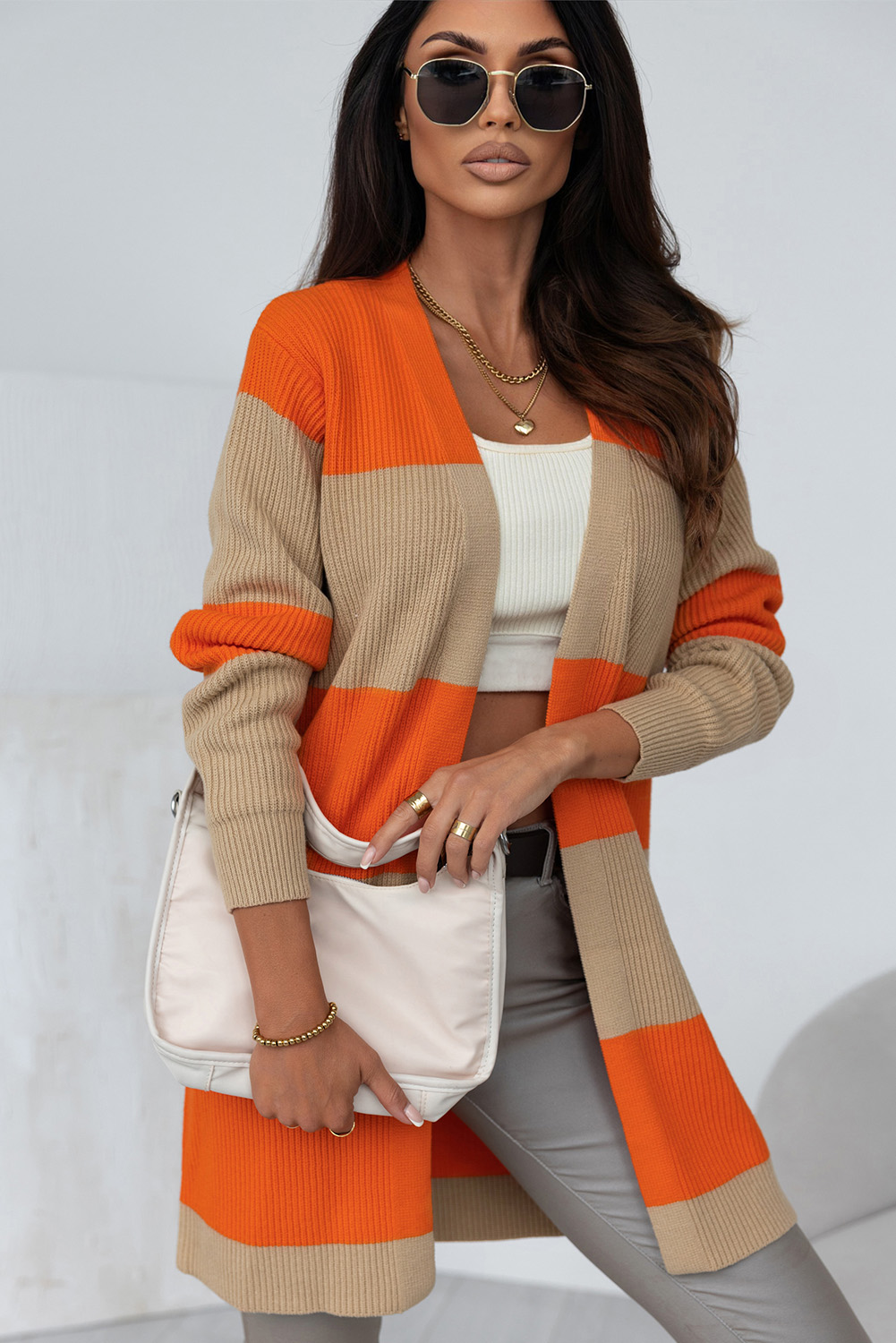 Orange Colorblock Ribbed Knit Cardigan - loveforevers