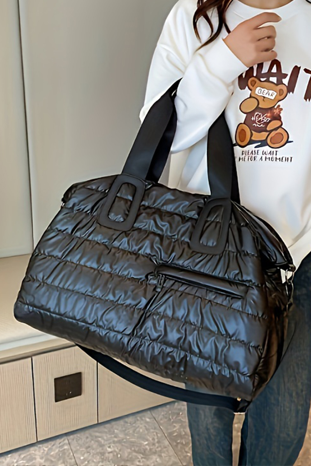 Black Quilted Puffy Large Capacity Waterproof Duffel Bag - loveforevers