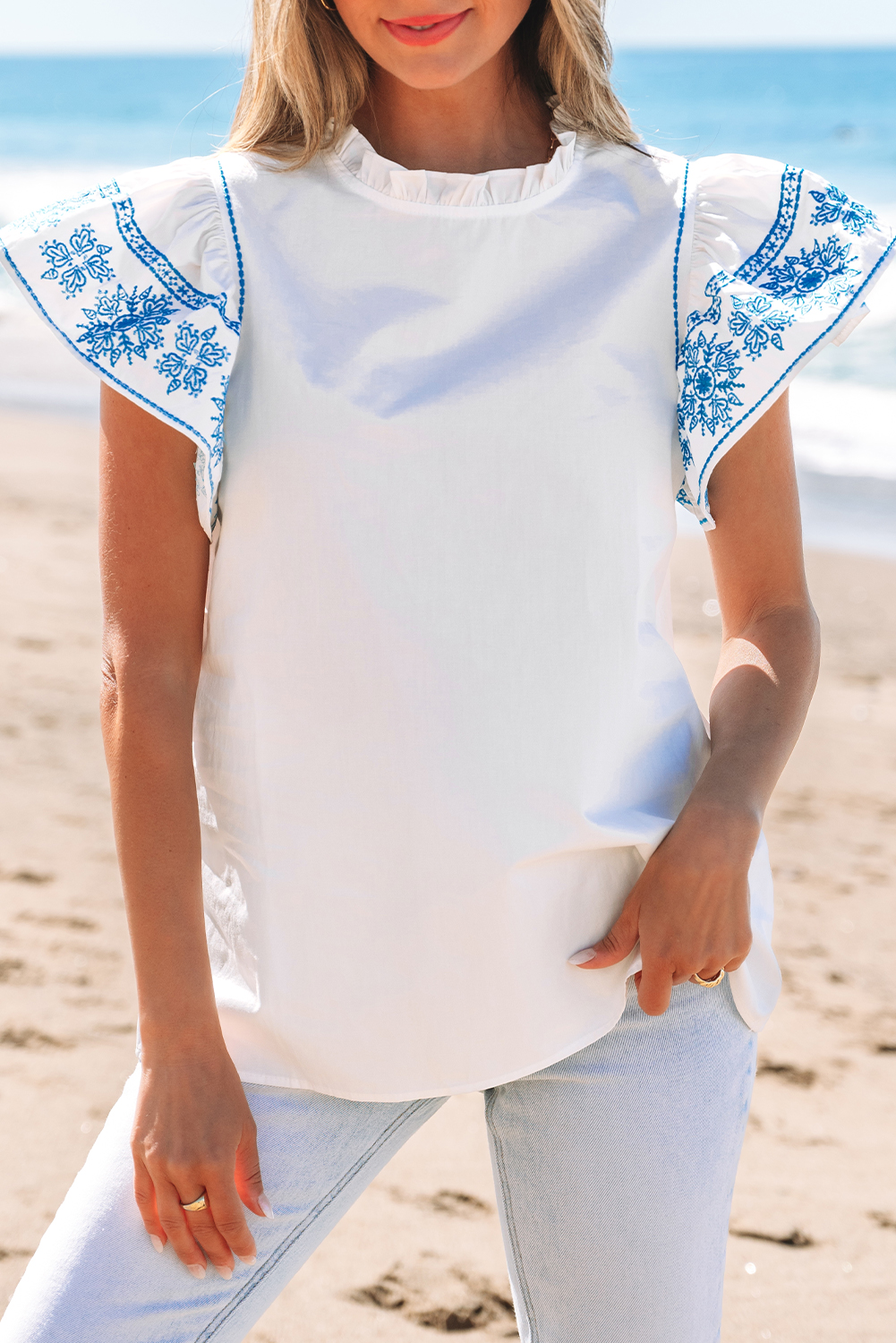 White Embroidered Ruffled Sleeve Frilled Collar Blouse - loveforevers