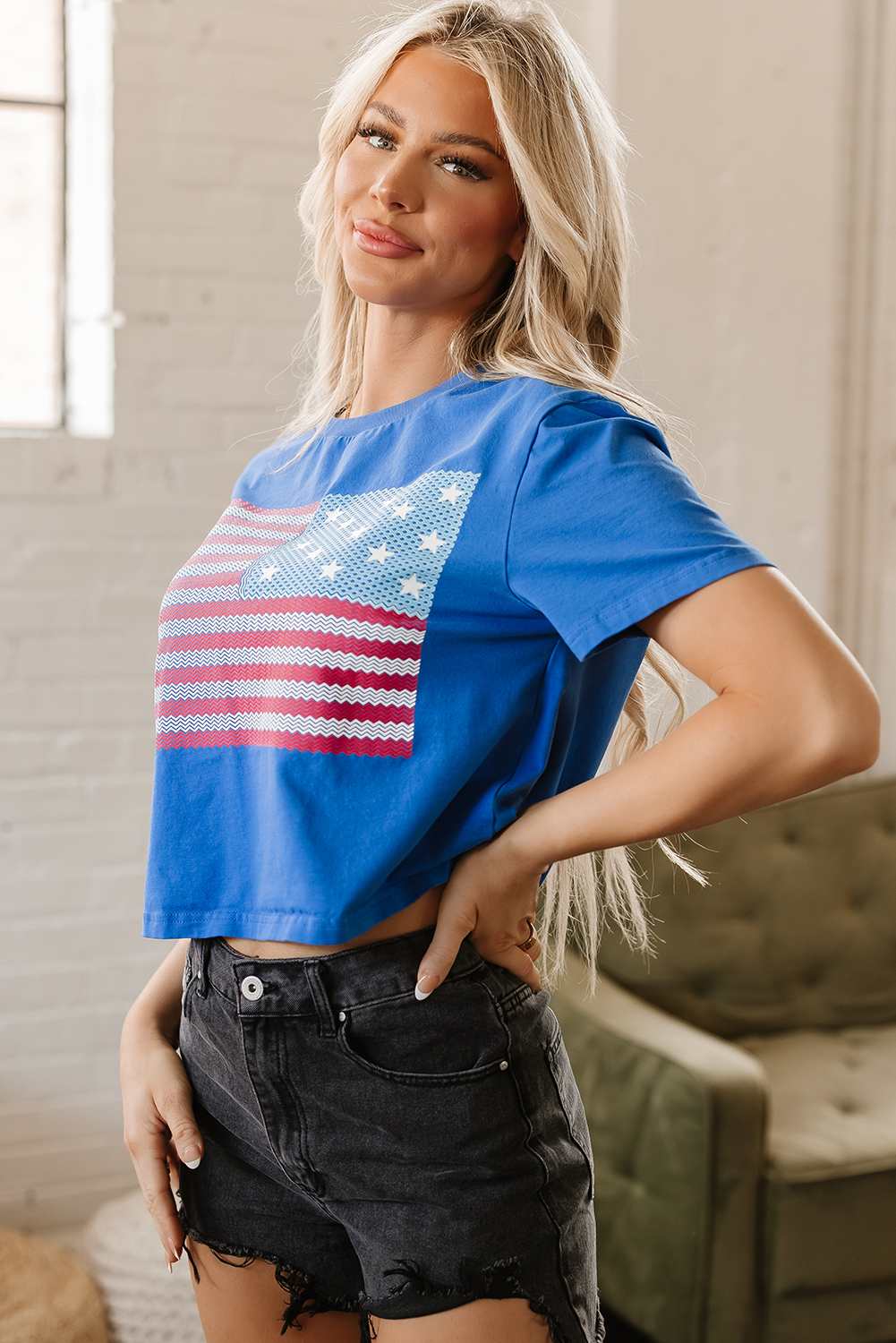 Real Teal American Flag Pattern Crewneck Tee - loveforevers