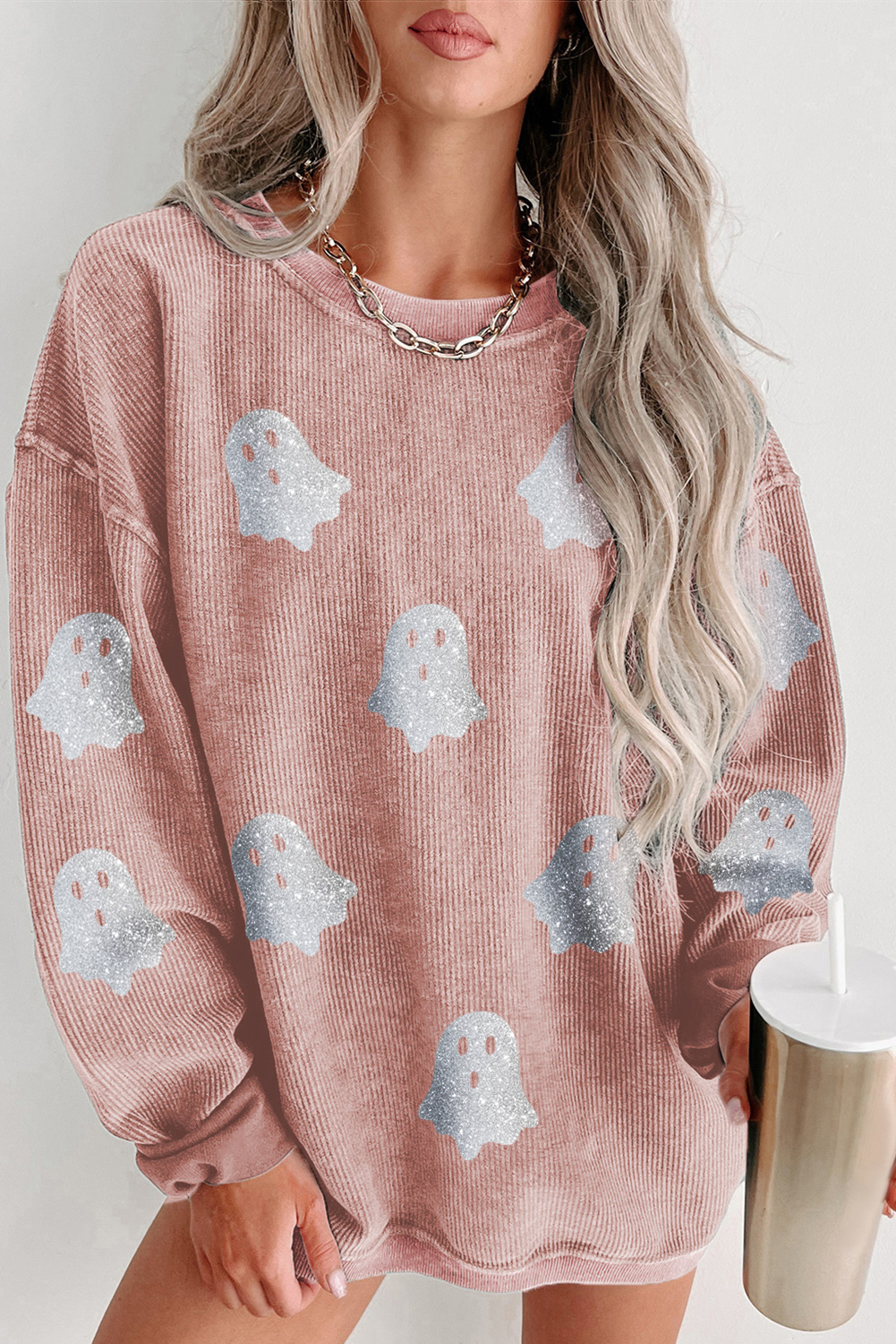 Pink Halloween Ghost Corded Crew Neck Loose Sweatshirt - loveforevers