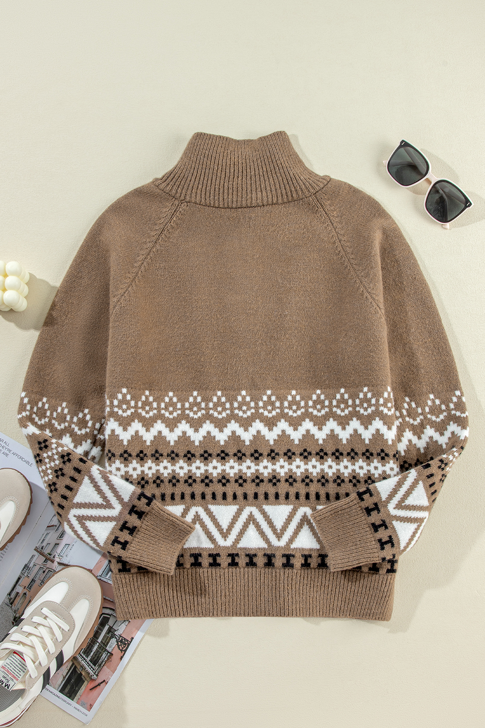 Brown Western Printed Ribbed Trim Collared Zip up Cardigan - loveforevers